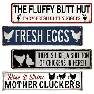 2D Flat 4pcs Funny Chicken Decor, Vintage Metal Sign, Decorative Plaque, 4x16 Inch Chicken Coop Accessories, Outdoor Decor for Home, Farm, Kitchen Gate