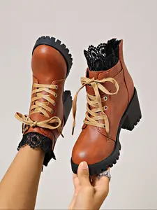 Women's High Heel 8cm Leather Boots, Autumn Winter Round Toe Lace-Up Short Boots, Thick Rubber Sole Fashion Boots with Back Zipper