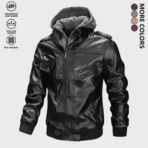 Men's Slim Fit Hooded Leather Jacket, Trendy Streetwear Vintage Style Motorcycle Riding Coat with Multiple Zipper Pockets, men Casual Two-Piece Look, Perfect for Autumn Winter Daily Wear and Outdoor Activities