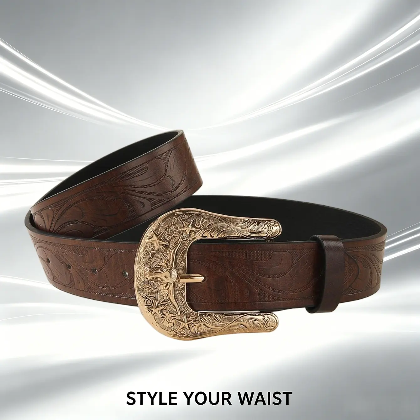 Western Tooling Leather Belt with Engraved Gold Buckle