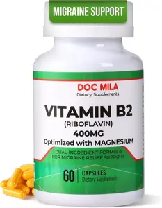 Doc Mila Vitamin B2 400mg Capsules with Magnesium - Migraine Relief Supplement for Kids & Adults - Vegan, Non-GMO, Gluten-Free - 60 Pills