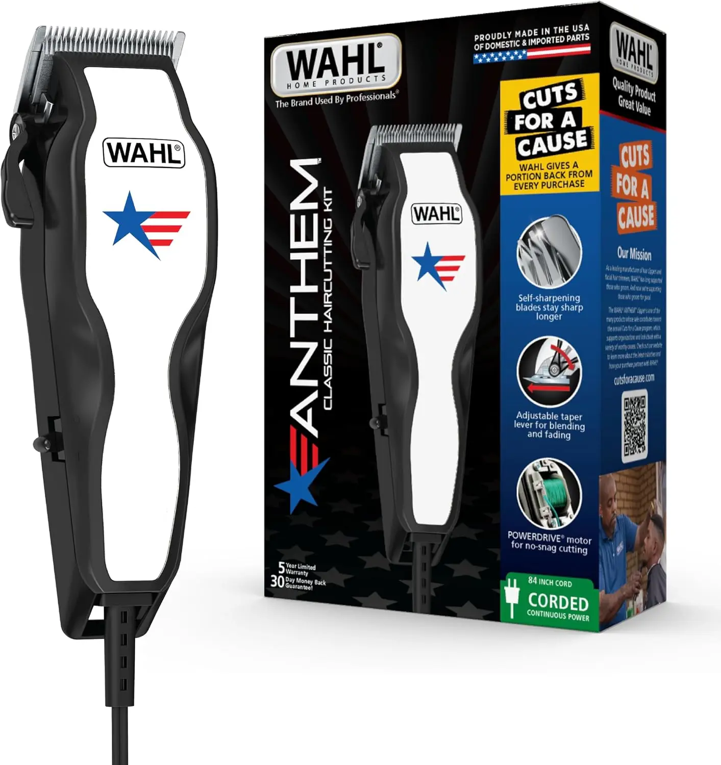 Wahl USA Anthem Classic Corded At-Home Steel Blade Hair Clipper for Men, Model 3029140 - Adjustable Taper Fade Lever, Powerful Motor, No-Snag Cut, Full Haircuts/Blending, Included Attachment