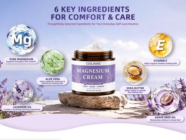 COOLMAKE Magnesium Cream – Magnesium + Lavender + Aloe + Vitamin E | Promotes Deep Relaxation, Calming Sleep Support, Post-Workout Muscle Comfort & Nourished Skin | Lightweight, Non-Sticky