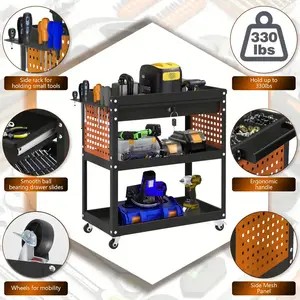 3 Tier Rolling Tool Cart,Mechanic Tool Cart on Wheels,Industrial Utility Cart with Drawers and Pegboard,440 LBS Capacity Tool Storage Cart for Garage,Warehouse for Christmas Thanksgiving Gifts