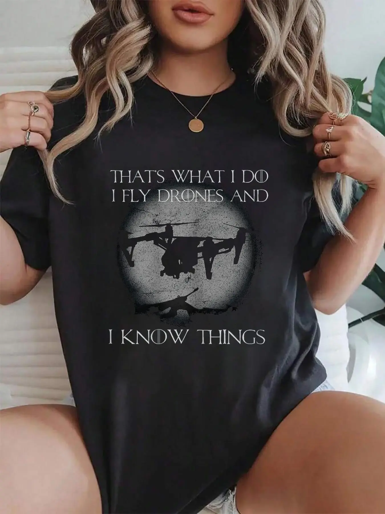 100% cotton I Fly Drones And I Know Things Funny Drone Pilot Crew Neck short Sleeve T-Shirt, Casual Print Graphic Cotton Tees Women Tops