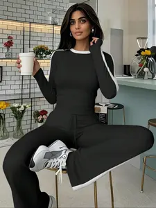 Women's Belly-Bearing Long-Sleeve Top & Slim-Fit Lace-Up Flared Pants Sports Suit Set, Spring Fashionable for Active Wear, Athleisure Wear Set