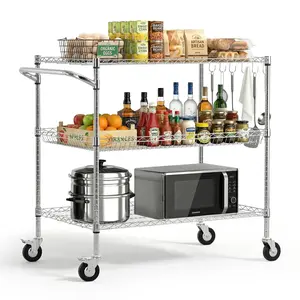 VEVOR Heavy-Duty 3-Tier Adjustable Wire Storage Cart with Shelf, Organiser, Basket & Rack, Commercial Steel Rolling Kitchen Trolley with Handle Bar, Work Table for Garage, Laundry Room (40x25x40.9 in), Office