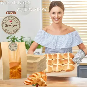 Value Packaging 50/100 Pieces Paper Bread Bags, Large Paper Bread Bags for Homemade Bread and Sourdough, with Windows, Reusable Square Plastic Bakery Bags, for Packaging and Storage of Yogurt, Toast, and Toast, Valentine's Day Gift Wrapping Bags