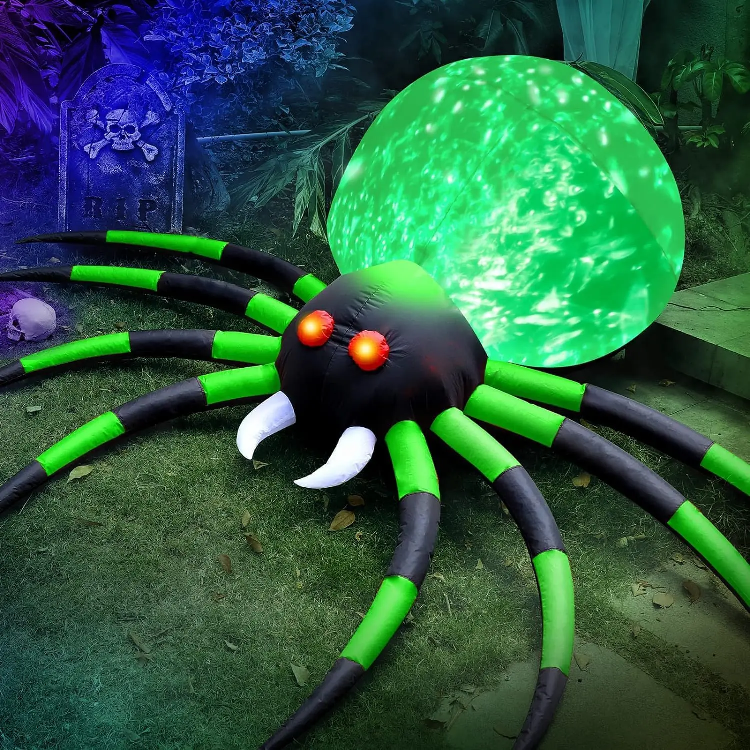 8 FT Halloween Inflatables Spider Outdoor Decorations for Yard, Giant Blow up Green Spider with Rotating Fire Flame Light, Large Spooky Spider Props for Halloween Party Garden Lawn House Holiday Decorspooky season decor, spooky yard decor, halloween yard