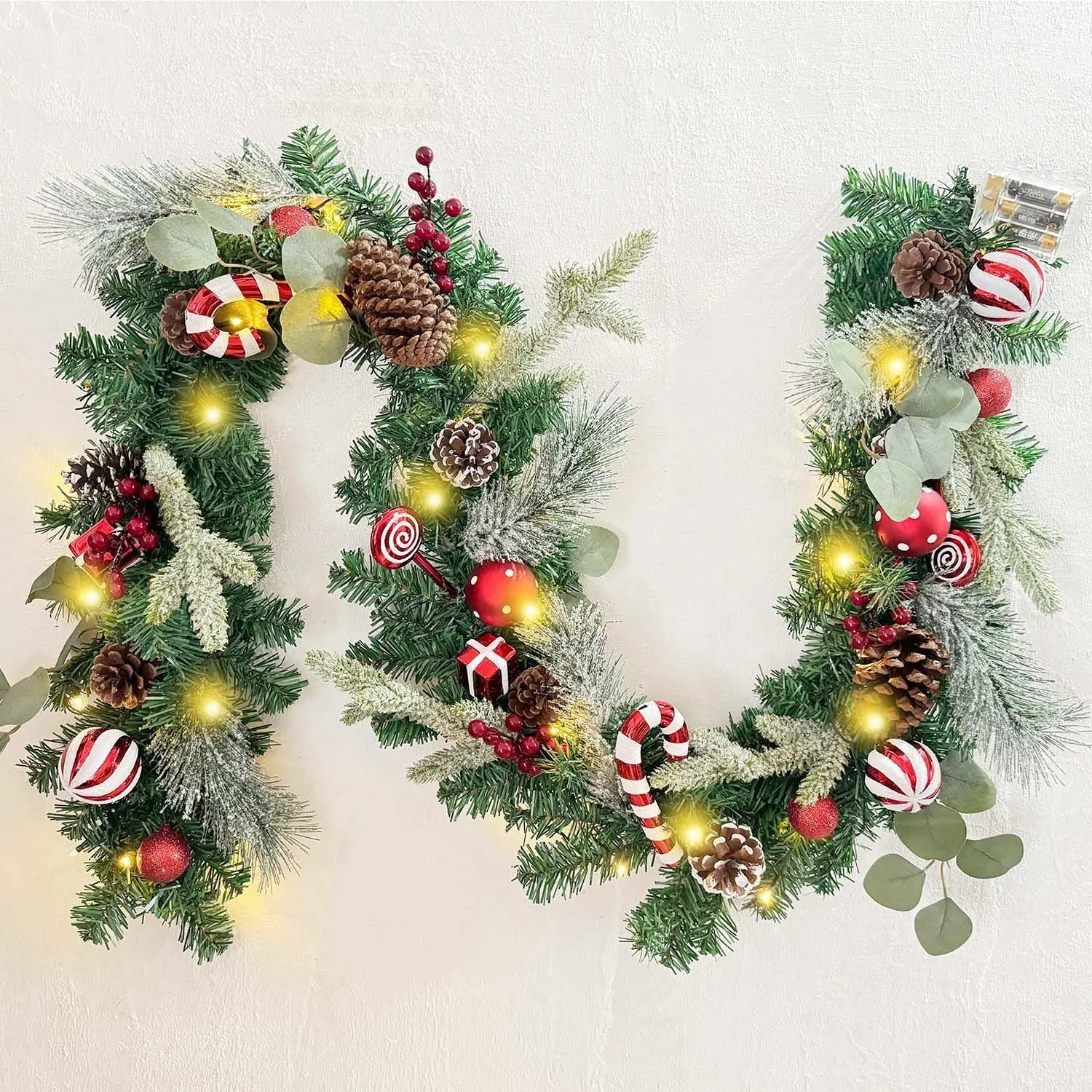Pre-Lit 6 / 72 Inch Christmas Garland with Lights for Front Door Red White Christmas Mantel Garland Decoration with Ball Ornaments,Candy Canes,Eucalyptus Leaves,  Operated 30 LED