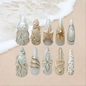 Luxury Almond Nail Beach Drip Gel Texture Sea Star Jellyfish Nail Art, Handmade Press On Gel Nail Tips, Almond Shape Nails, Perfect for Girls Dating Parties Festivals Gifts, Pressed On Nails
