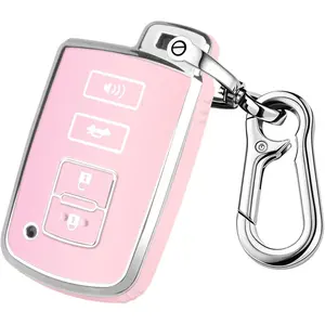 for Toyota Key Fob Cover, Smart Key Shell Case for Toyota Sequoia Highlander XLE Camry , Corolla XSE RAV4 Tundra Tacoma, Soft TPU Protection Case for Toyota with Keychain (Silver-Pink)