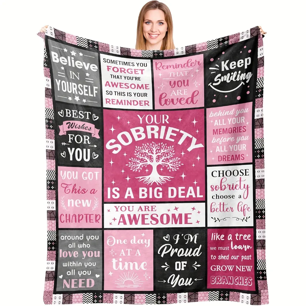 Sobriety Blanket, Soft Flannel Recovery Throw Blanket with Inspirational Quotes, Cozy Encouragement Gift for Women Men Friends, Sober Anniversary Gift, Recovery Journey Support Blanket for Bed Couch Sofa, Warm Reminder for Better Days