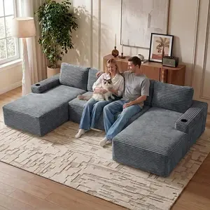 133" U Shaped Cloud Couch Sectional with Cup Holder and Side Pocket, Corduroy Sectional Sofa for Living Room, Deep Seat Modular Boneless Sofas with 2 Lounge Chaise, No Assembly Required, Grey