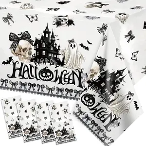 Halloween Party Decorations 4PCS Black Bow Skull Tablecloths Rectangular Disposable 54x108 Inches Ghost Plastic Covers for Birthday Baby Shower Bridal Shower Festive Atmosphere
