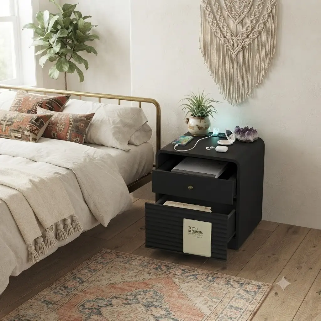 SAVEYOUR Black Smart Nightstand with Charging Station, LED Ambient Lights & Night Light, Bedside End Table with Storage Cabinet, Modern Bedroom Furniture