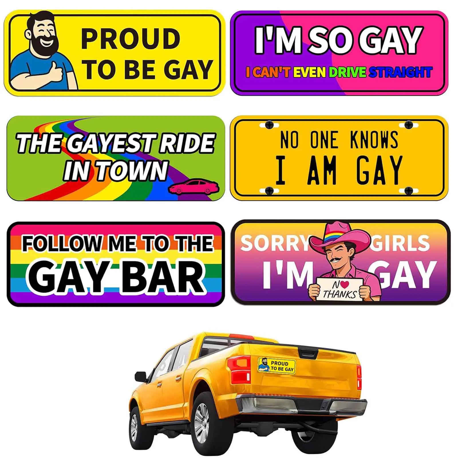 6PCS LGBTQ Rainbow Theme Car Magnets and Decals - High-Strength PVC Car Decorative Stickers, 9 x 3.5 inches, Funny Pranks Accessory for Vehicle Exteriors, Fridges, Friends