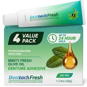NEW 2026 !!!Denttach Fresh Denture Adhesive with Invigorating Mint Flavor, Petroleum Free Olive Oil Based Denture Cream for Full and Partial Dentures, All Day Hold Denture Glue, Zinc Free, 2.4 Ounce