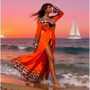 2026 Hot Selling Orange Leopard Print Three-Piece Swimsuit Set, Long Cover-Up with Shoulder Strap Top & High Waist Shorts