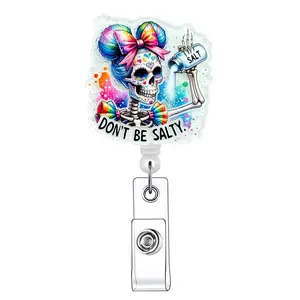 Retractable Badge Reel, 1 Count Cute Skull Pattern Acrylic ID Holder with Clip, ID Card Holder, Identification Badges & Supplies for Nurses, Doctors, Students & Office Staff, Halloween