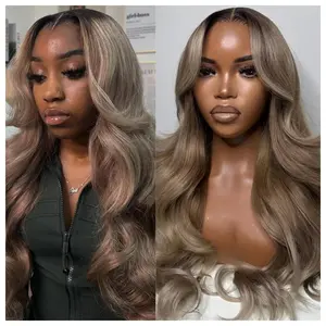 Ombre Grey Ash Blonde With Short Brown Roots Colored 13X6 Lace Frontal Wig Pre-Plucked With Baby Hair HD Transparent Lace Front Human Hair Wigs Natural Hairline Can Be Restyled Suit for Any Occasions
