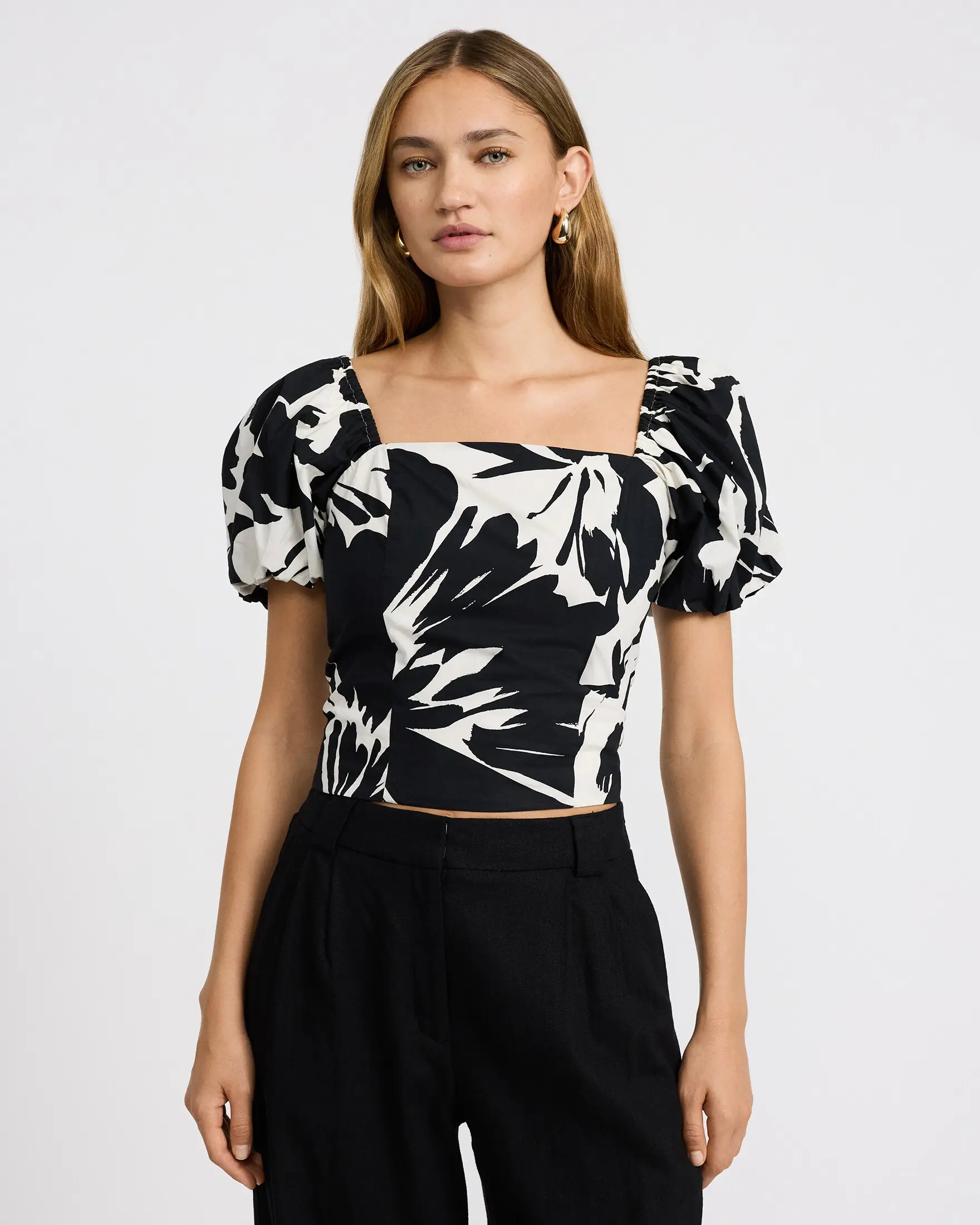 Express Cotton Poplin Printed Square Neck Puff Sleeve Smocked Back Top