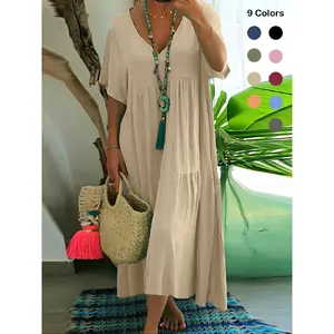 [2026]Women's Plus Size Solid Ruffle Hem Tiered Layer Smock Dress, Boho  V Neck Butterfly Sleeve Dress for Spring & Fall, Women's Clothes for Daily Wear