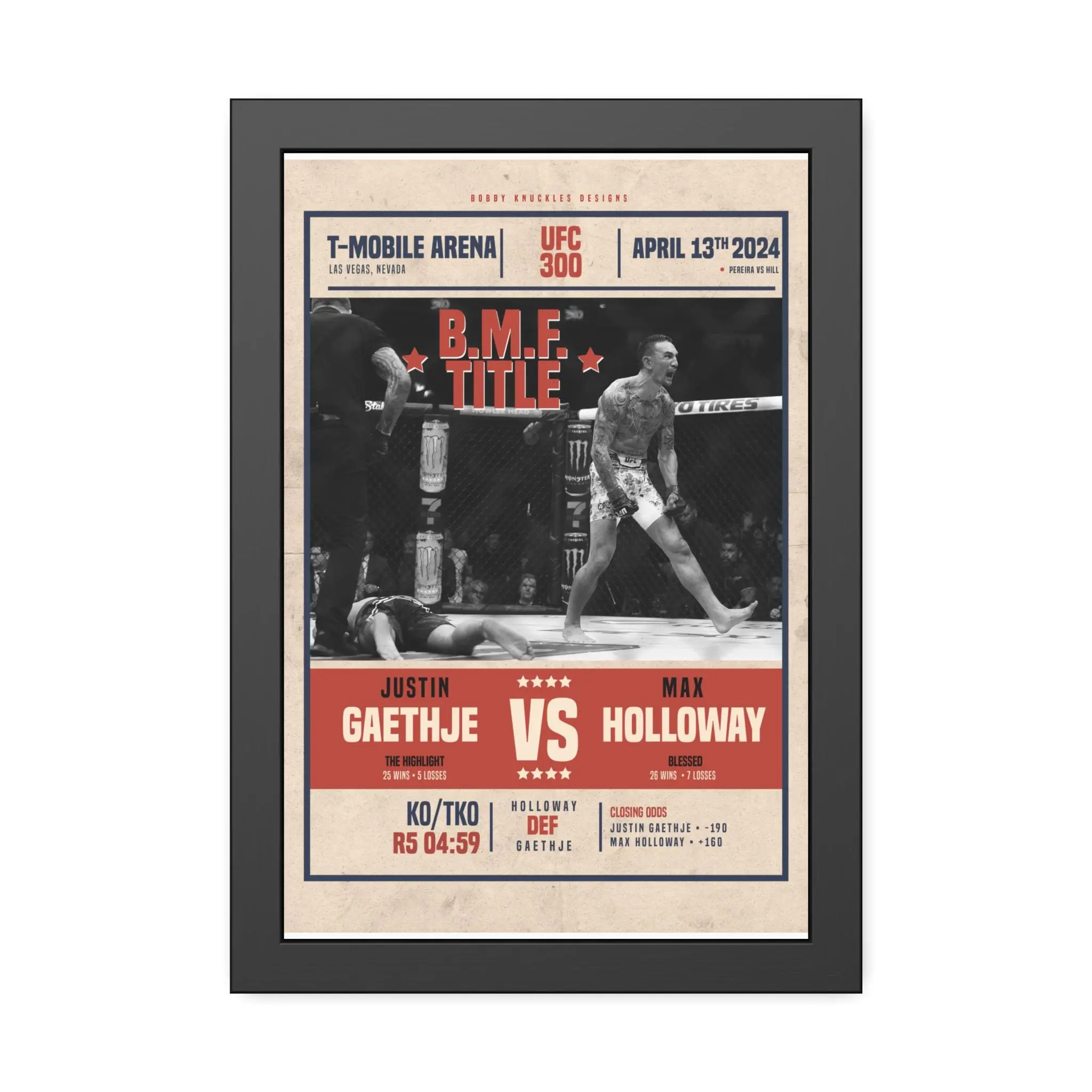 Fight Poster, poster, Max Holloway, Justin Gaethje, BMF Title, 300, UFC poster, MMA poster, wall decor, gift for him