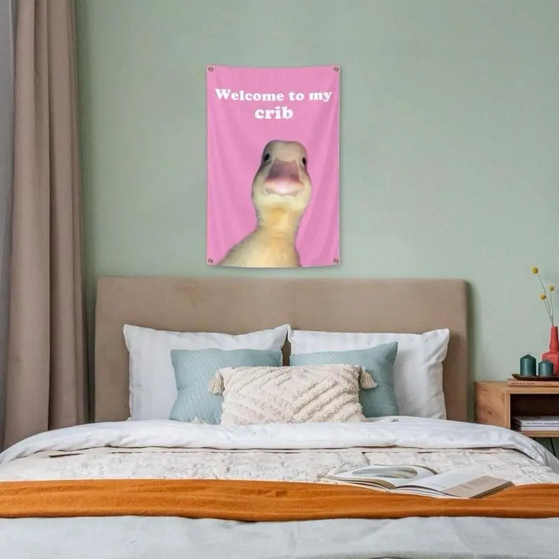Pink "Welcome to My Crib" Funny Duck Tapestry Wall Hanging Decor, Banner, Hanging Wall Art with 4 Brass Buckle Holes for Family Dormitory, Home Decor Supplies bedroom decor tapestry