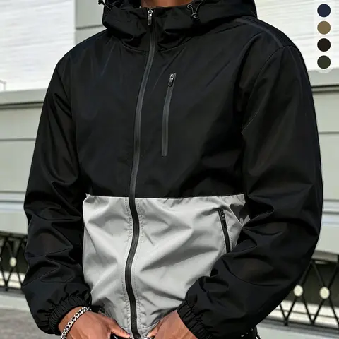 Men's Fitted Preppy Woven Techwear Edge Windproof Waterproof Drawstring Zip-Up Hoodie Jacket - Classic Racing Sport Coat, Durable Stylish for Car Enthusiasts, All-Season Long-Sleeve Outerwear, Jackets