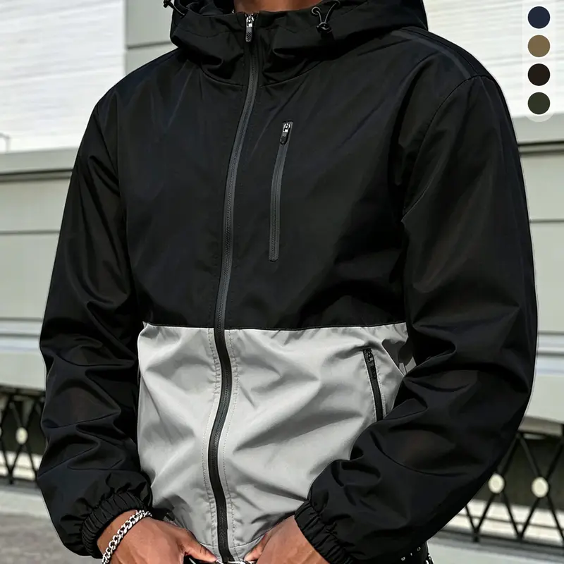 Men's Fitted Preppy Woven Techwear Edge Windproof Waterproof Drawstring Zip-Up Hoodie Jacket - Classic Racing Sport Coat, Durable Stylish for Car Enthusiasts, All-Season Long-Sleeve Outerwear, Jackets