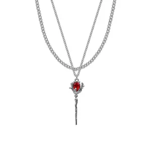 Indie Dark Vampire Staff Pendant Necklace – Blood Red Rose Double-Layer Chain for Fall/Winter Fashion