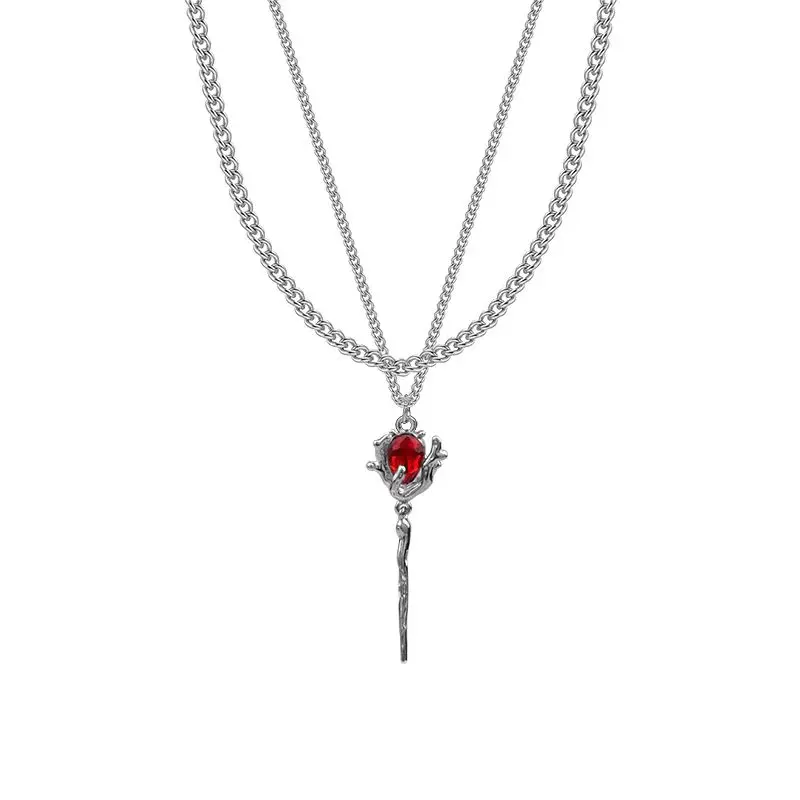 Indie Dark Vampire Staff Pendant Necklace – Blood Red Rose Double-Layer Chain for Fall/Winter Fashion