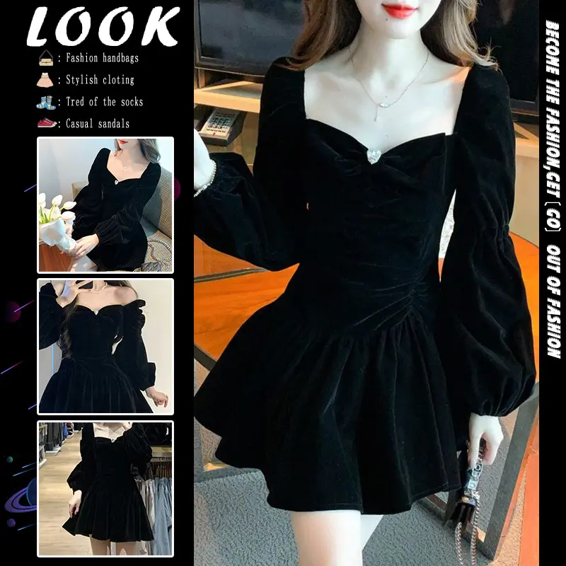 Black French Inspired Ball Gown Dress Cinched Waist Petite Friendly Mini Silhouette Formal Womenswear