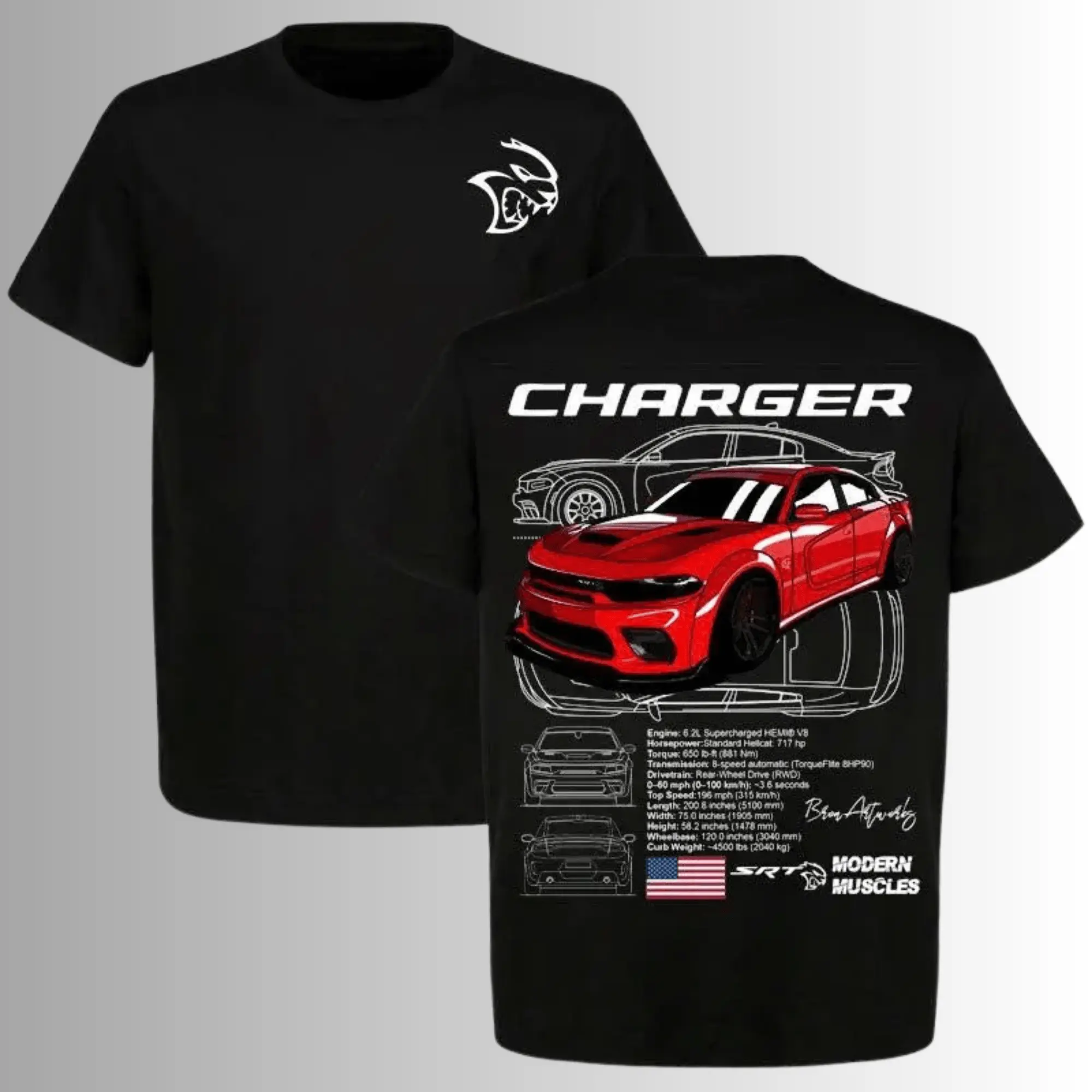 Red Charger SRT Hellcat Blueprint T-Shirt, 2 Sides, Modern Muscles Graphic Tee, Hemi V8 Specs Shirt