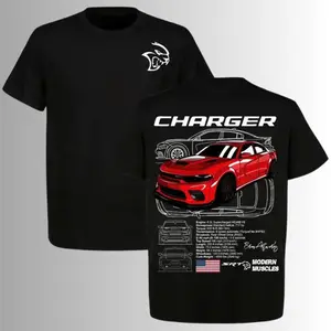 Red Charger SRT Hellcat Blueprint T-Shirt, 2 Sides, Modern Muscles Graphic Tee, Hemi V8 Specs Shirt