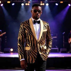 Men's Gold & Black Zebra Stripe Sequin Tuxedo Jacket, Slim Fit Luxury Blazer with Champagne Satin Lapel for Prom, Stage & Wedding
