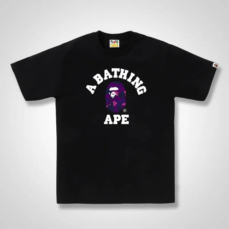 BAPE Color Camo College Tee Official Authorized Men's Casual Streetwear Classic Ape Head Purple Camo Print Black Cotton Crewneck Short Sleeve T-Shirt Graphic Tops