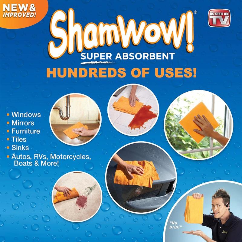 ShamWow Original Absorbent Multi-Purpose Cleaning Shammy Chamois Towel Cloth 20x23.5 In Machine Washable Trimmable Holds 10X its Weight in Liquid