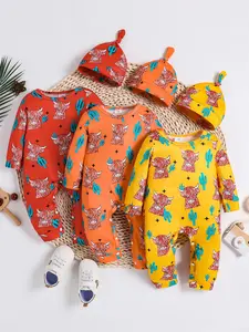 Baby Onesies Set Cartoon Cow Print, Comfortable Skin-Friendly, Includes Hat, Ideal for Newborns, Casual Fall & Winter Wear, Toddler Outfit