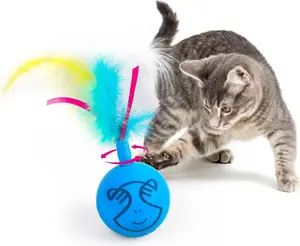 Allforpaws Modern Cat Dizzy Spinner Cat Toy Blue with Feather and Pink Ribbon Interactive Play for Cats Durable Plastic Ball-Shaped Exercise Toy