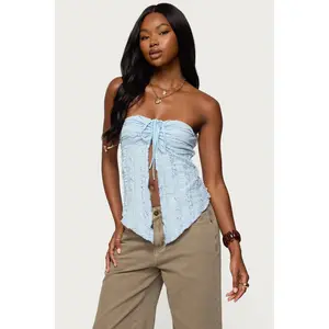 Textured Ruffle Split Front Strapless Top