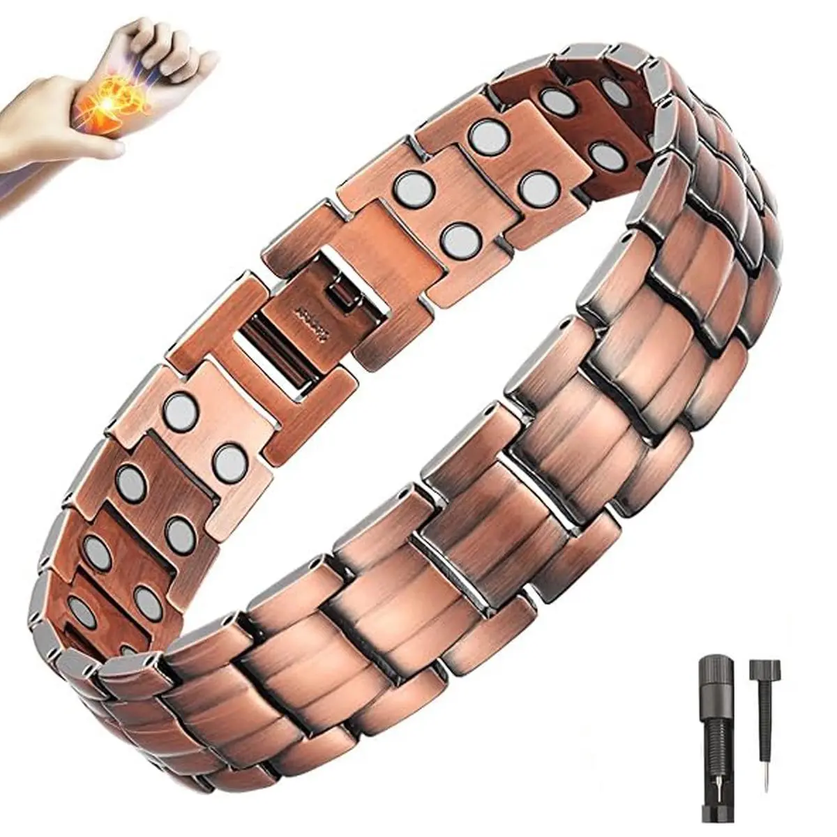 Pure Copper Magnetic Bangle for Men, Double Row Adjustable Band for Arthritis Pain Relief, Casual Fashion Jewelry, Adjustable Copper Bangle