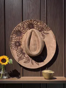 Frontier Spirit Etched Rancher Cowboy Hat Flowers Vegan Suede Engraved
