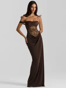 Mozision One Shoulder Lace See through Sexy Maxi Dress Women Gown Fashion Off-Shoulder Sleeveless Backless Club Long Dresses
