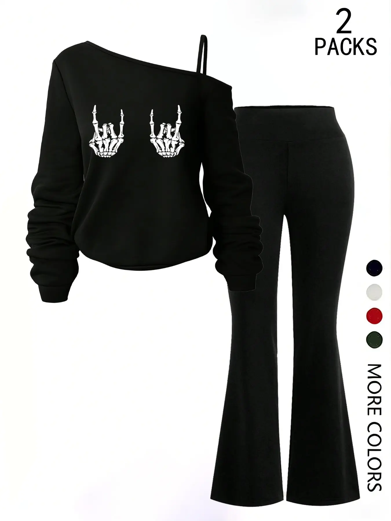 Women's Casual Clothes Off-Shoulder Long Sleeve T-Shirt and Flared Pants Set, Womenswear, Outfit, Loose Fit Fashion Skull Print, Bell Bottoms, Perfect for Daily Wear