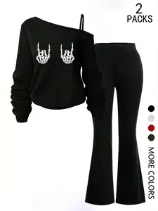 Women's Casual Off-Shoulder Long Sleeve T-Shirt and Flared Pants Set, Outfit, Loose Fit Fashion Skull Print, Bell Bottoms, Perfect for Daily Wear