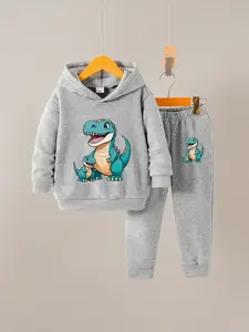 Boys' Fall & Winter Fleece Set, Dinosaur Cartoon Print Hoodie & Jogger Pants Two-Piece, Casual Warm Kids Clothing Gift Idea