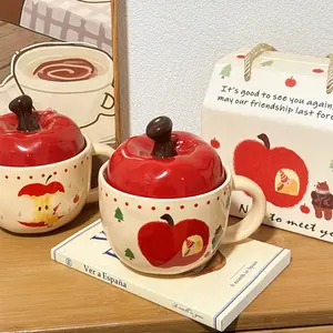 15oz Creative Apple Cat Ceramic Mug with Lid & Spoon in Gift Box for Unique Cat Lover Coffee Tea Cup Fun Design Perfect for Coffee Lovers