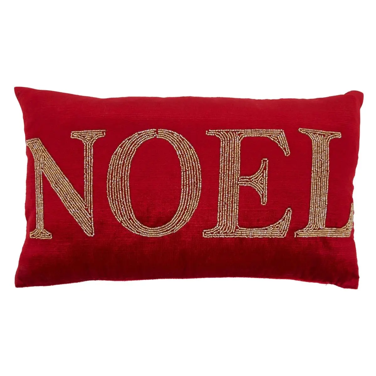 SARO 9052.R1220BD Bead Standard Pillow, 12x20 in. Oblong Red Beaded Noel Throw Pillow with Down Filling, Bead Standard Pillows